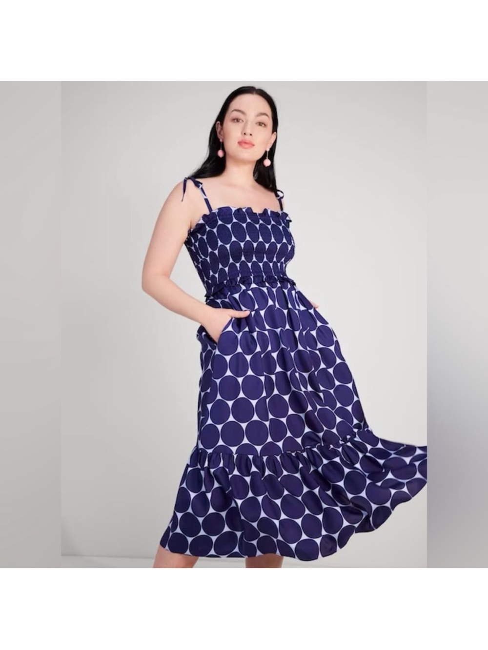 Kate Spade Joy Dot Silk Twill Smocked Dress - Picture 2 of 14